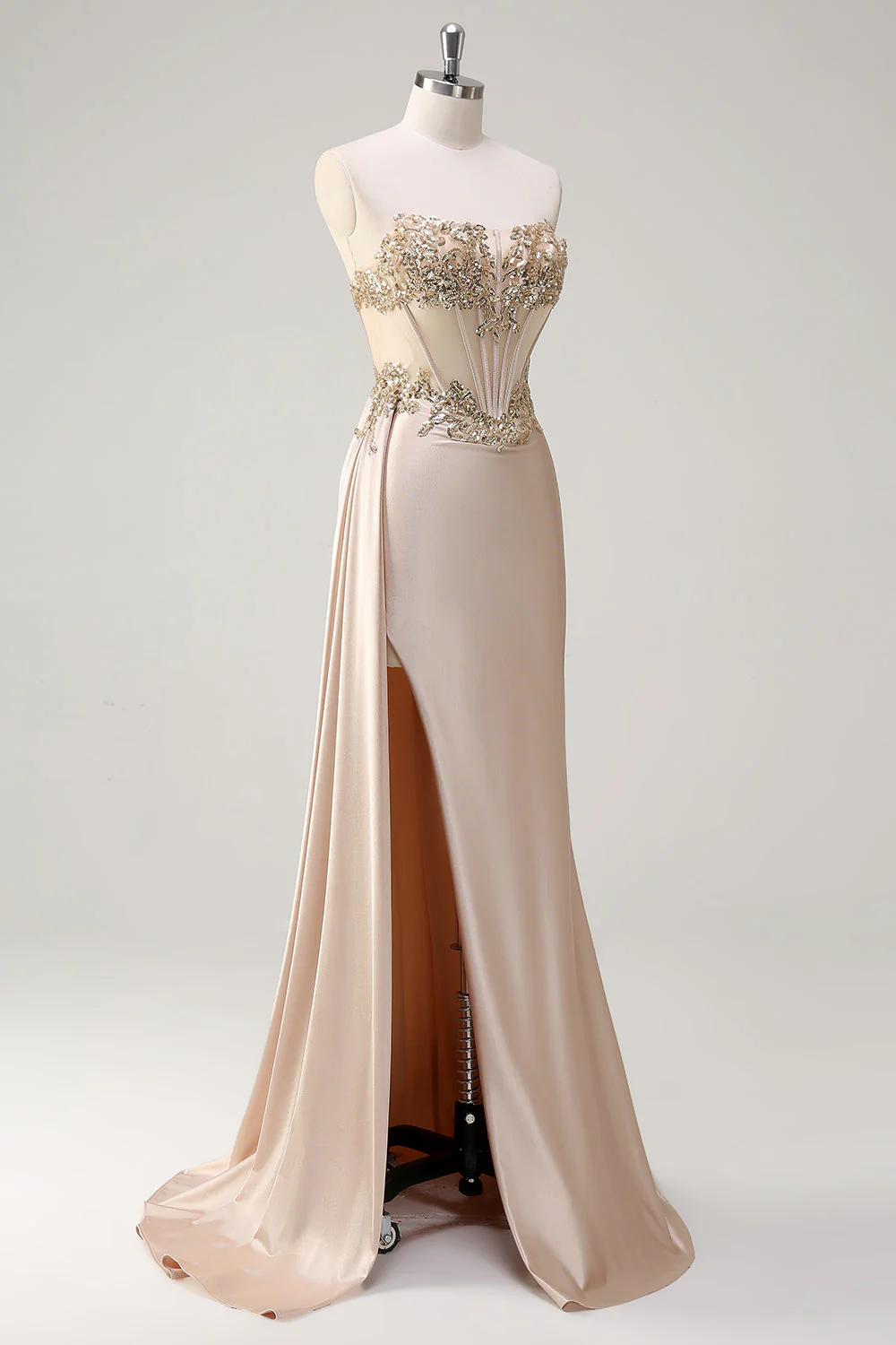 Robe de soirée bustier sirène champagne en satin sur le côté avec paillettes - Image 3