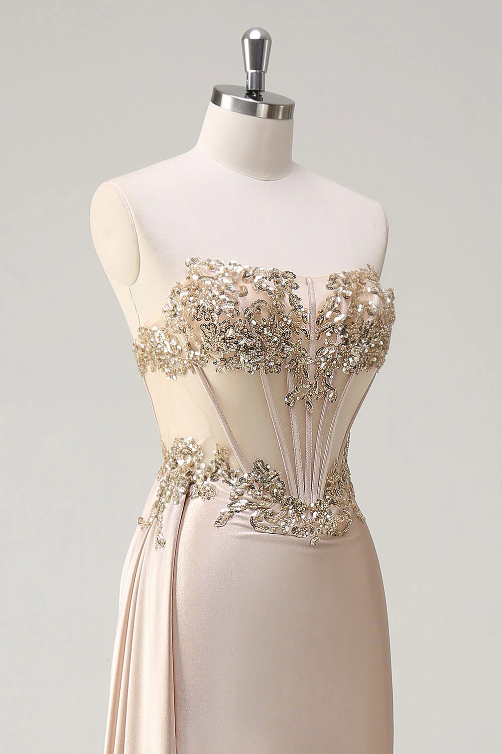 Robe de soirée bustier sirène champagne en satin sur le côté avec paillettes - Image 6