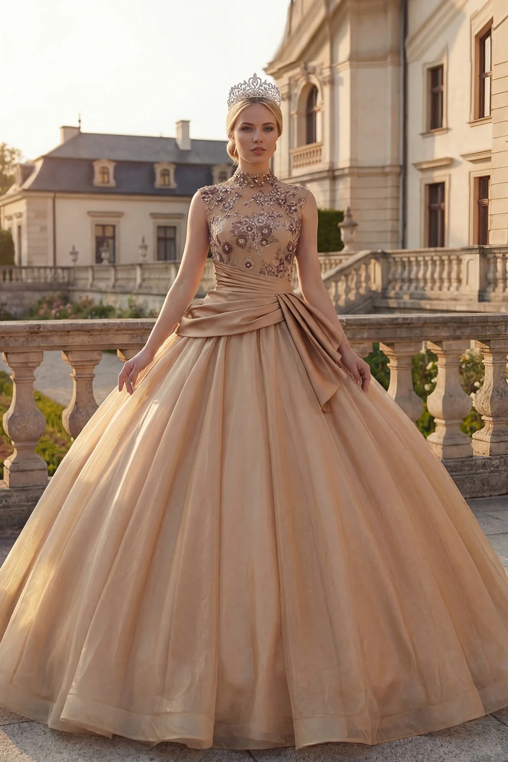 Robe de bal champagne à col montant et froncée de la princesse Quinceañera