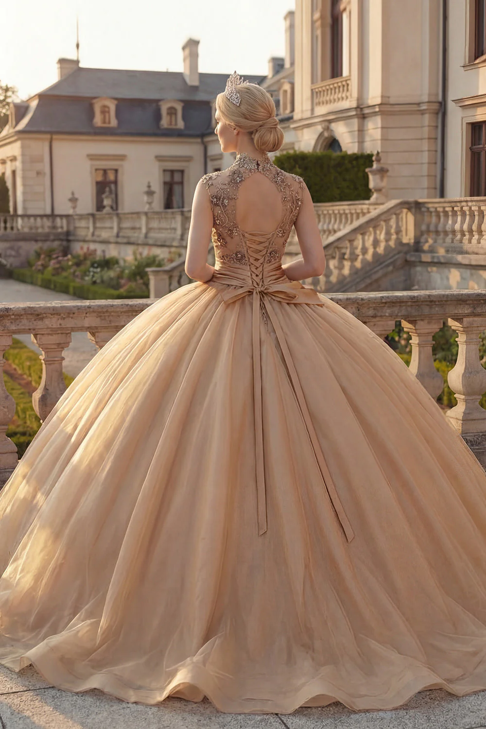Robe de bal champagne à col montant et froncée de la princesse Quinceañera - Image 2