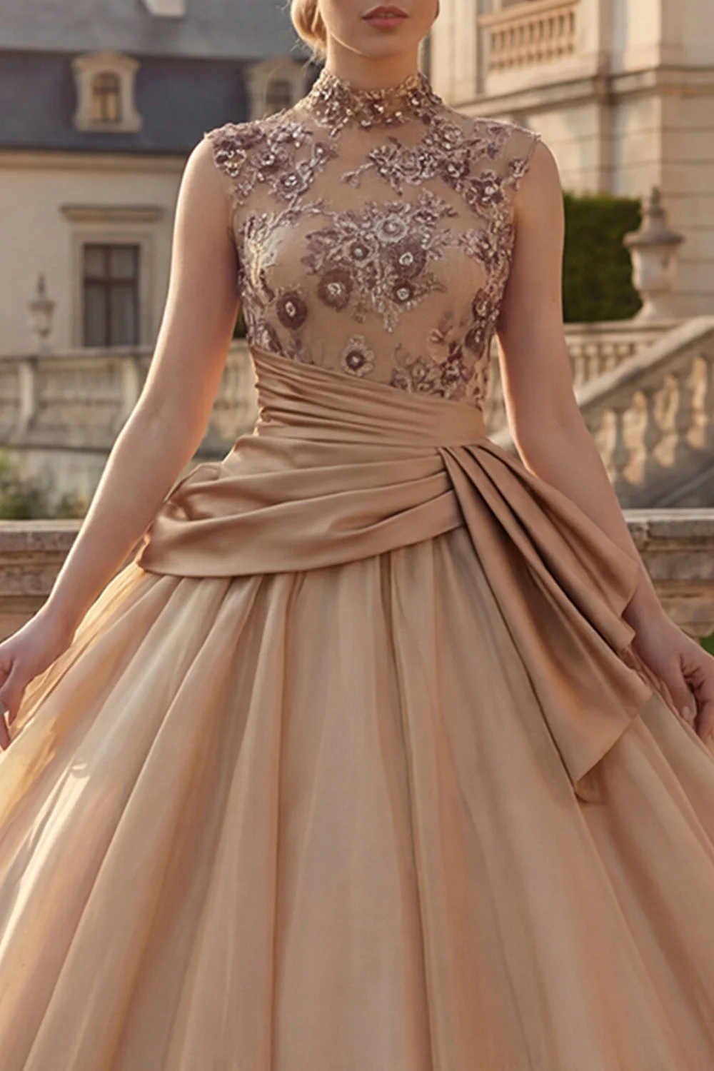 Robe de bal champagne à col montant et froncée de la princesse Quinceañera - Image 3