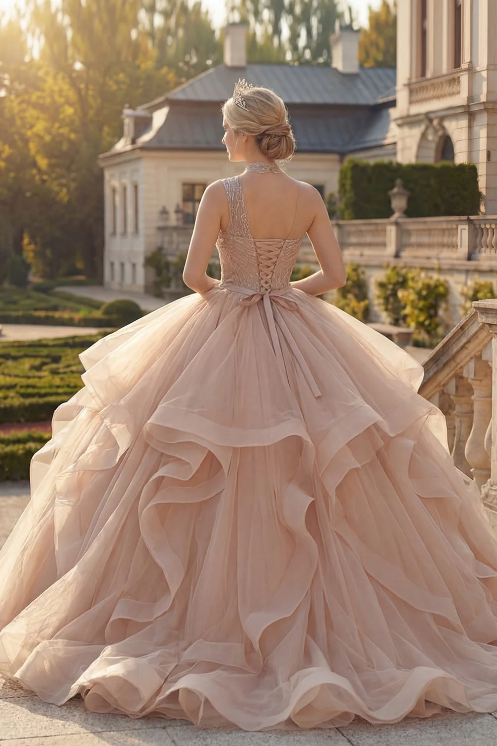 Robe de bal champagne à une épaule perlée de quinceañera avec volants - Image 2