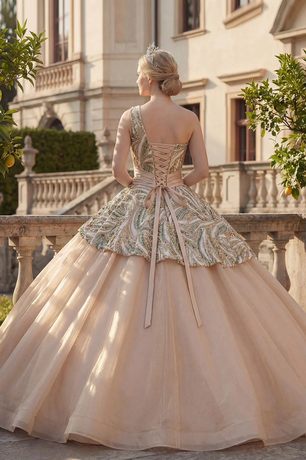 Robe de bal champagne scintillante à paillettes sur une épaule robe quinceañera - Image 2