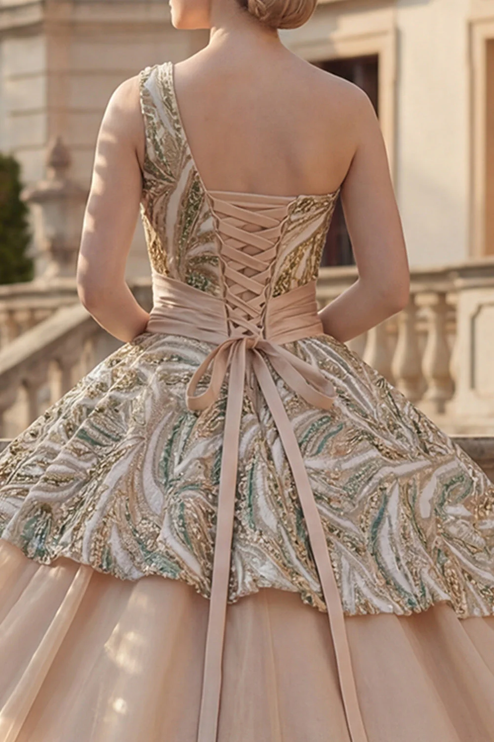Robe de bal champagne scintillante à paillettes sur une épaule robe quinceañera - Image 4