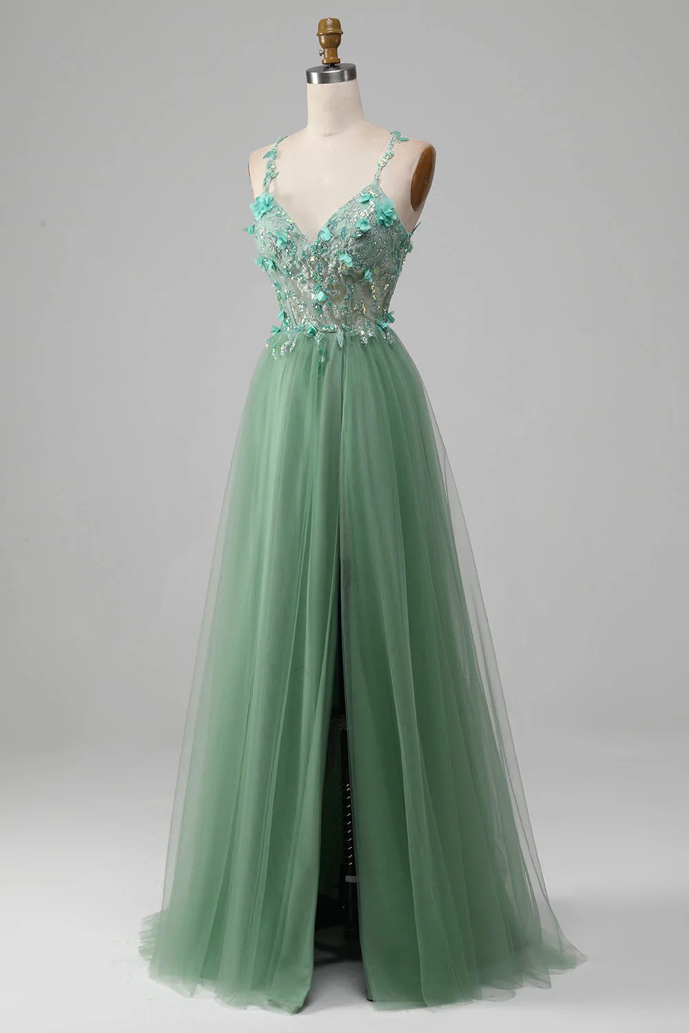 Robe de bal corset à bretelles spaghetti vert brillant A-ligne avec appliques - Image 3