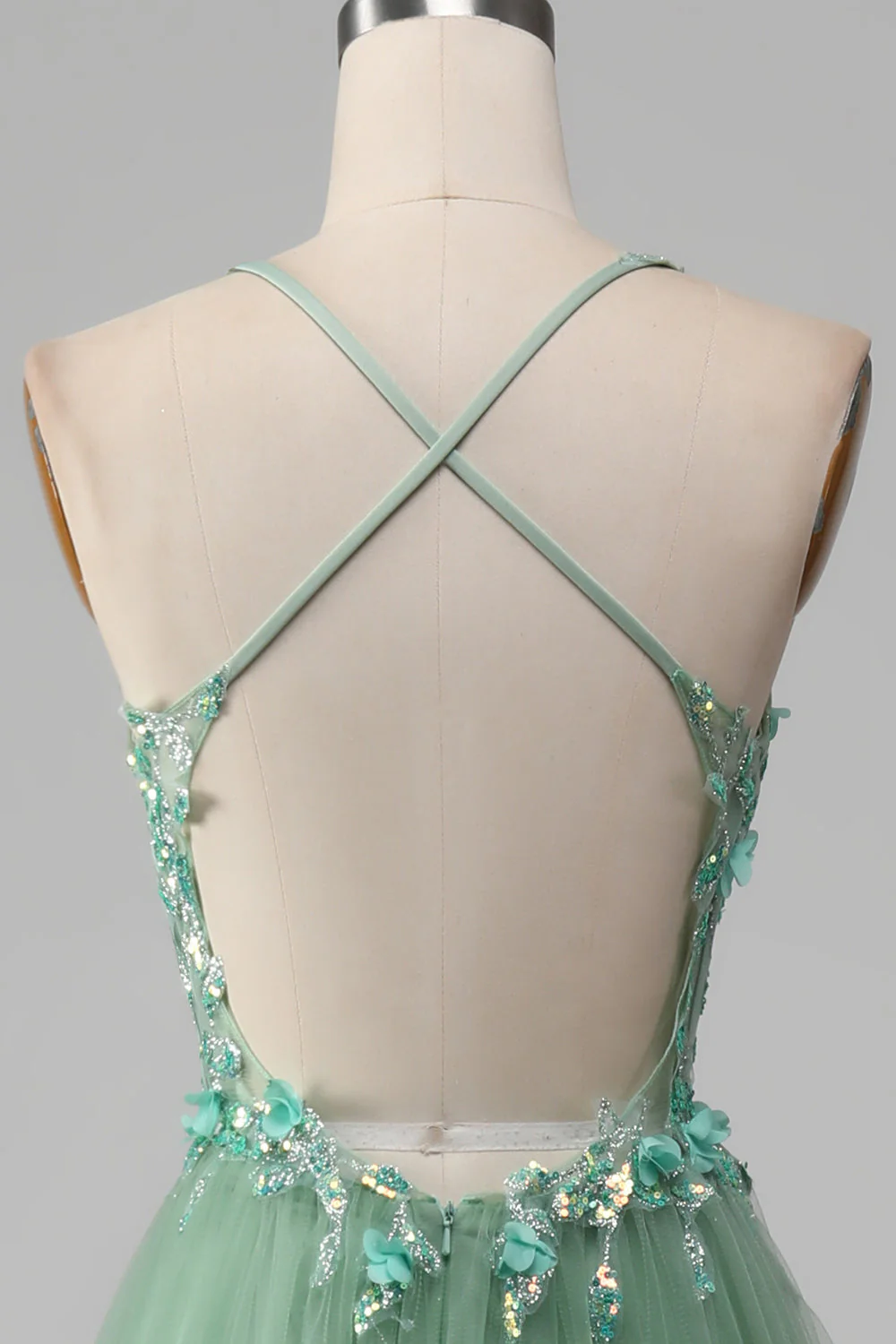Robe de bal corset à bretelles spaghetti vert brillant A-ligne avec appliques - Image 5