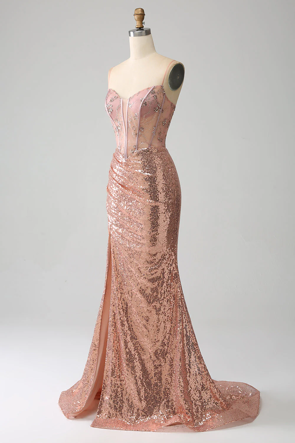 Robe de soirée corset à paillettes froncées sirène or rose avec fente latérale - Image 3