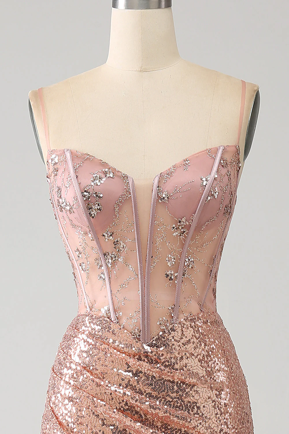 Robe de soirée corset à paillettes froncées sirène or rose avec fente latérale - Image 4