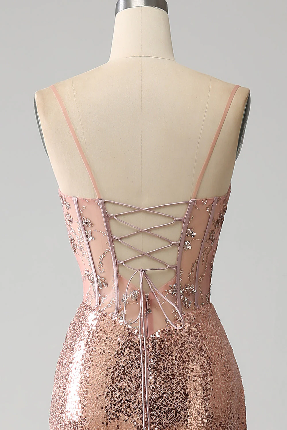 Robe de soirée corset à paillettes froncées sirène or rose avec fente latérale - Image 5