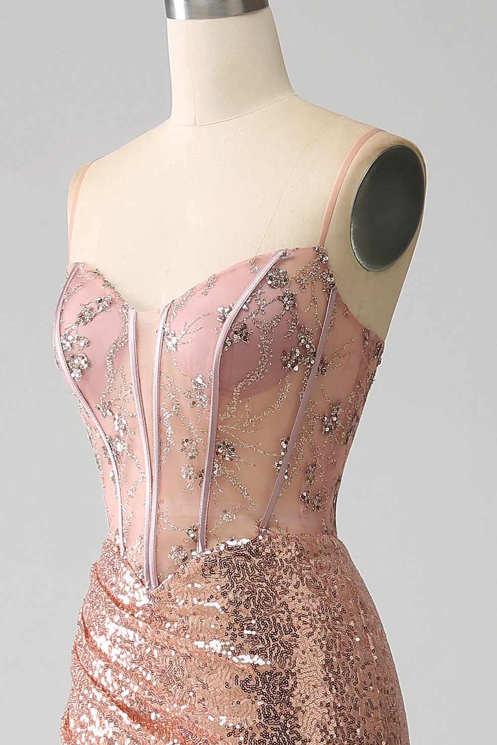 Robe de soirée corset à paillettes froncées sirène or rose avec fente latérale - Image 6