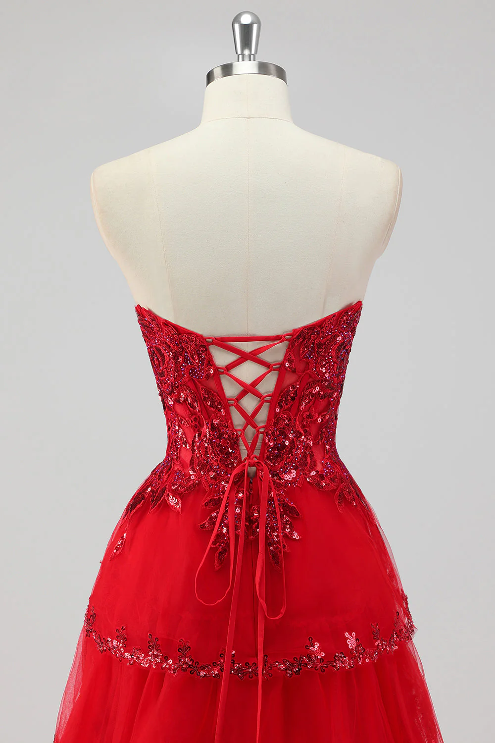 Robe de soirée rouge foncé sans bretelles à paillettes avec corset et fente à plusieurs niveaux - Image 7