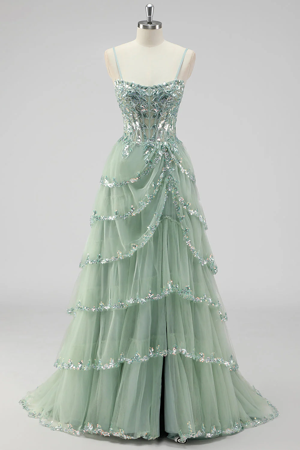 Robe de soirée rouge foncé sans bretelles à paillettes avec corset et fente à plusieurs niveaux - Image 9