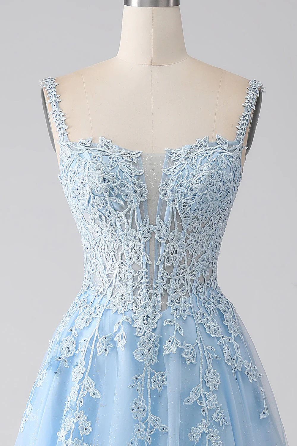 Robe de bal Corset bleu clair A-ligne avec appliques - Image 4