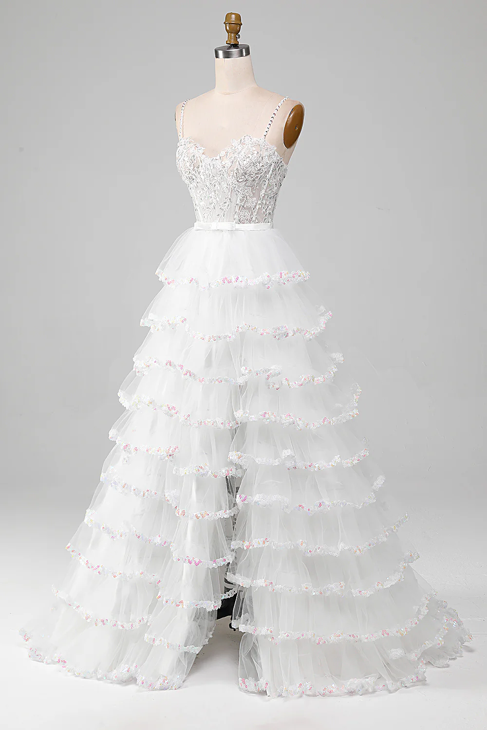 Robe de bal corset de jupe à volants à paillettes scintillantes blanche avec fente - Image 3