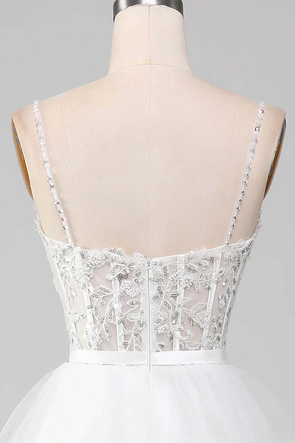 Robe de bal corset de jupe à volants à paillettes scintillantes blanche avec fente - Image 5