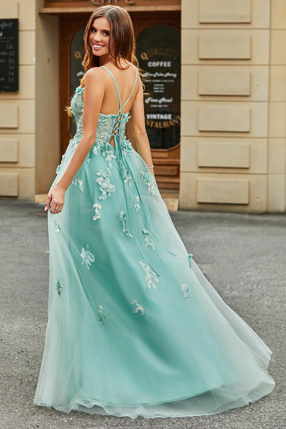 Robe de soirée Corset en Tulle vert A-ligne avec Appliques - Image 2