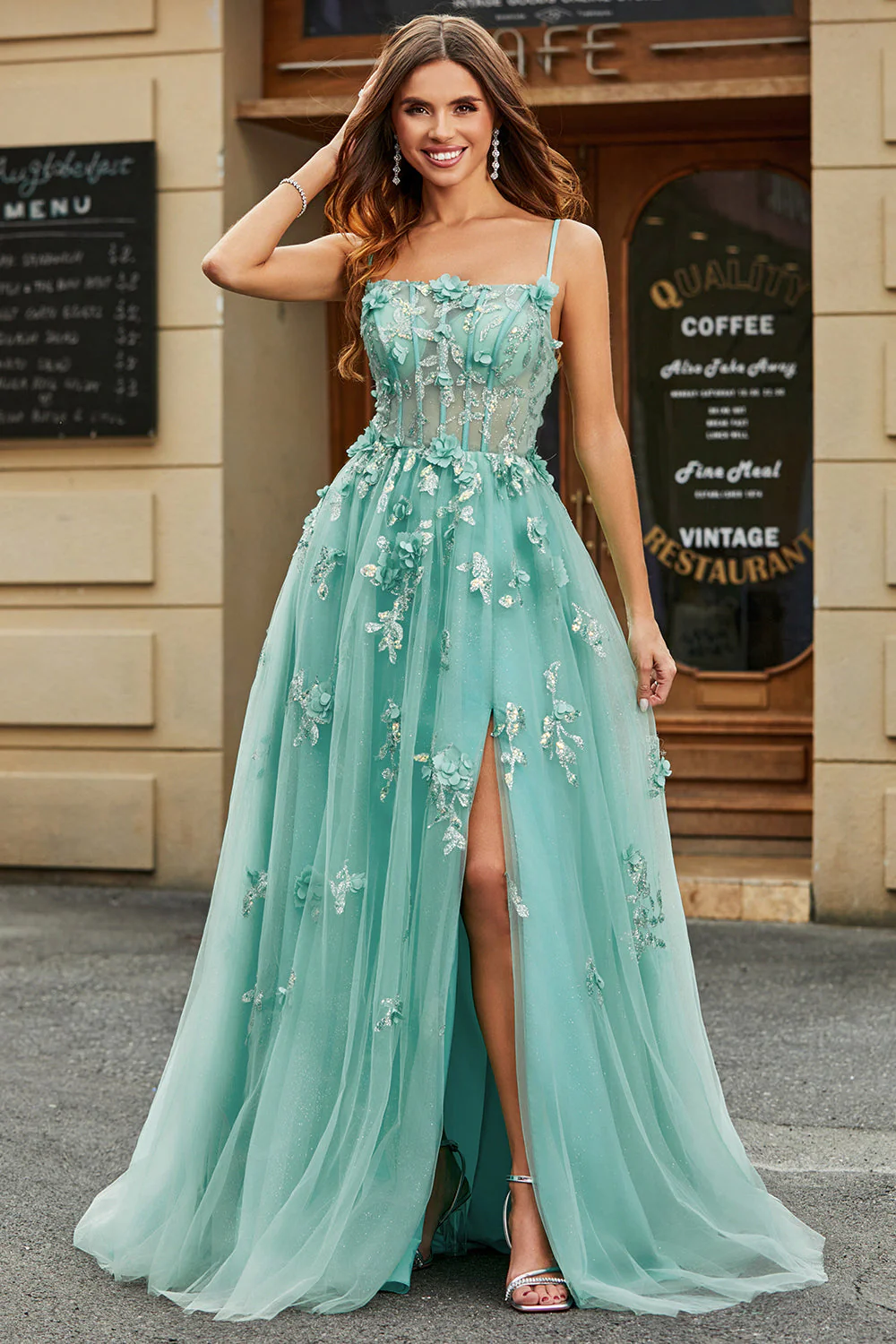 Robe de soirée Corset en Tulle vert A-ligne avec Appliques - Image 6