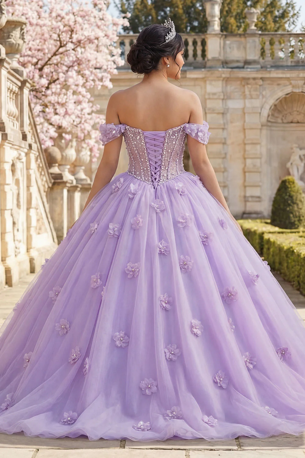Robe de bal corset lilas à épaule dénudée robe quinceañera avec des fleurs 3D - Image 2