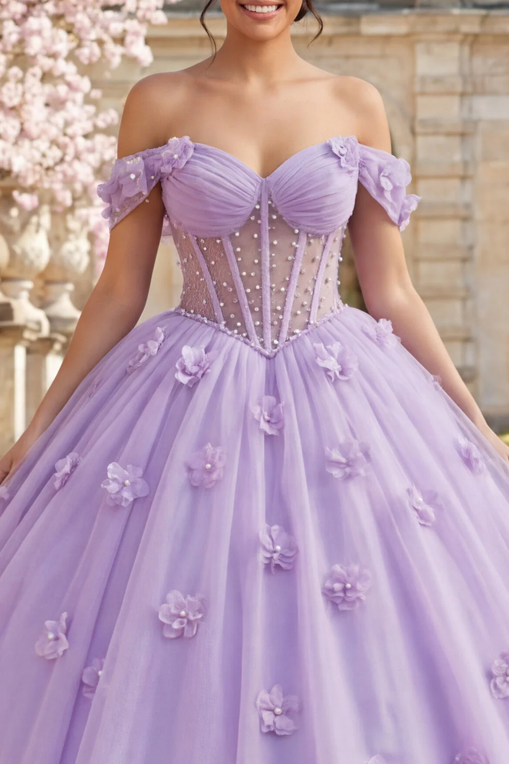 Robe de bal corset lilas à épaule dénudée robe quinceañera avec des fleurs 3D - Image 3