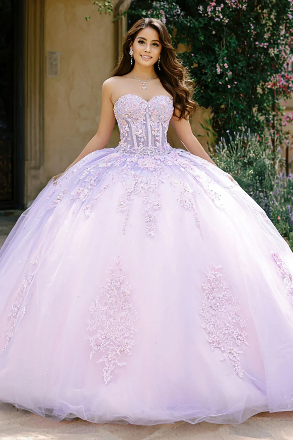 Robe de bal corset lilas sans bustier avec applique, robe quinceañera