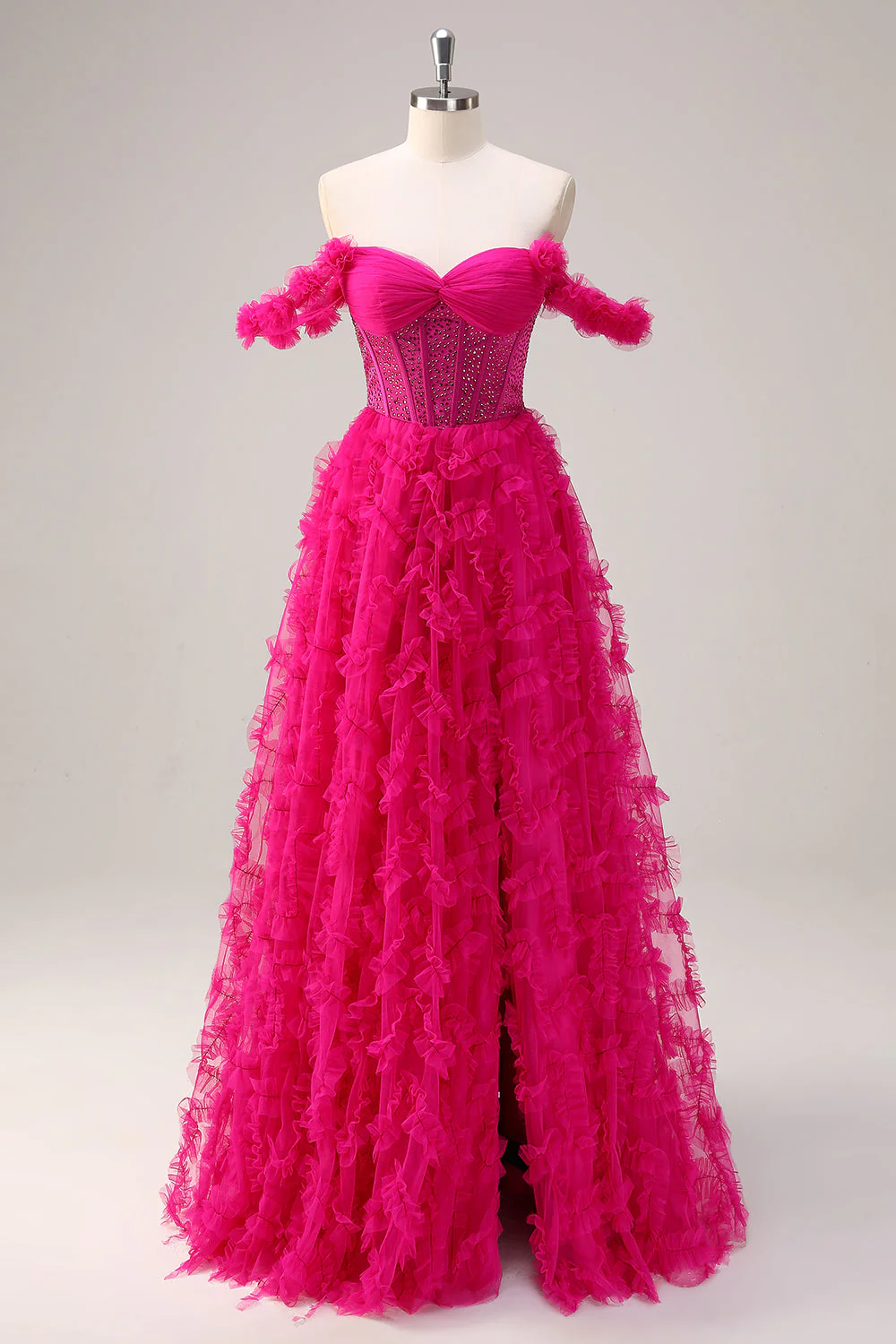 Robe de bal corset longue à épaules dénudées à plusieurs niveaux fuchsia avec perles - Image 3