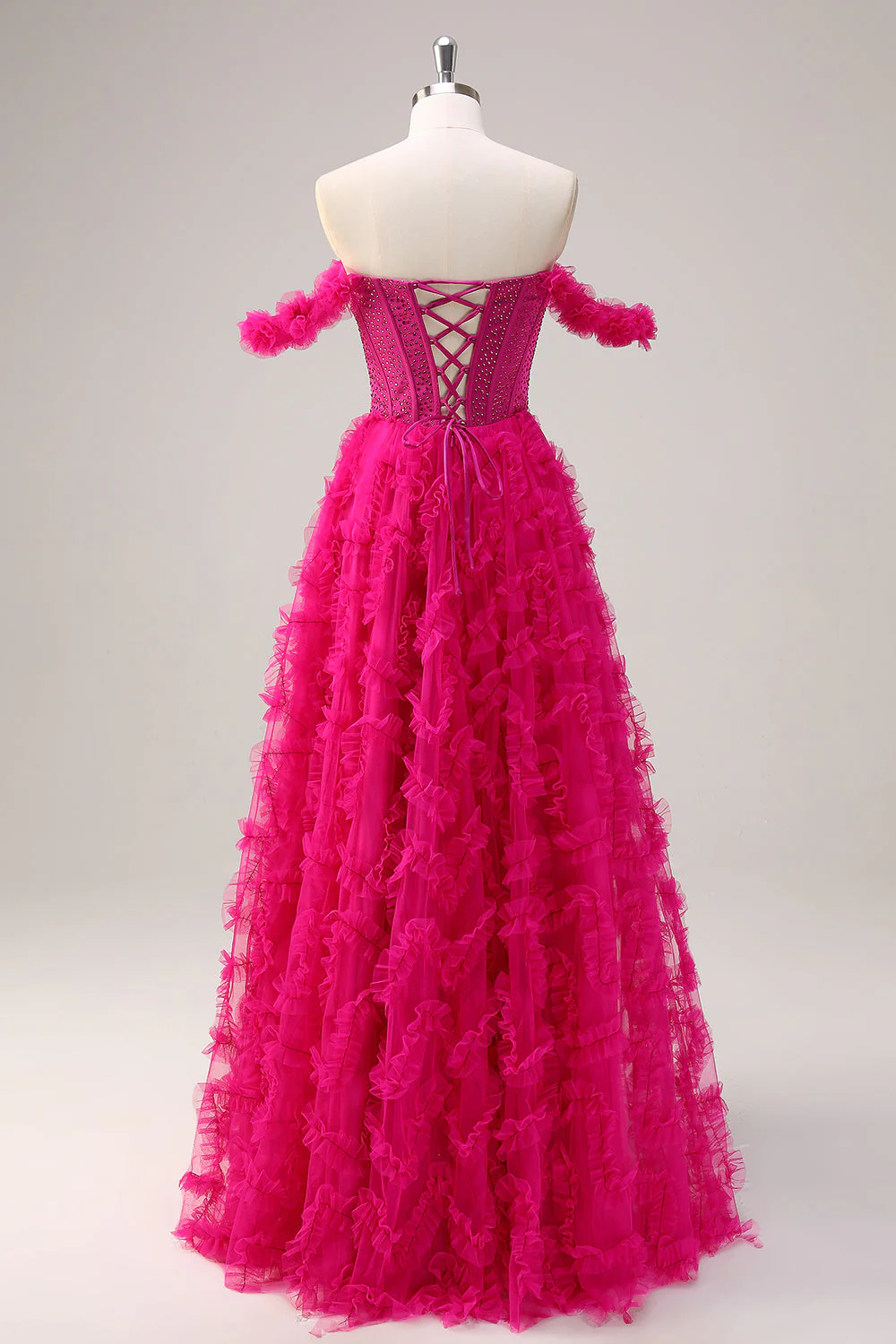 Robe de bal corset longue à épaules dénudées à plusieurs niveaux fuchsia avec perles - Image 4