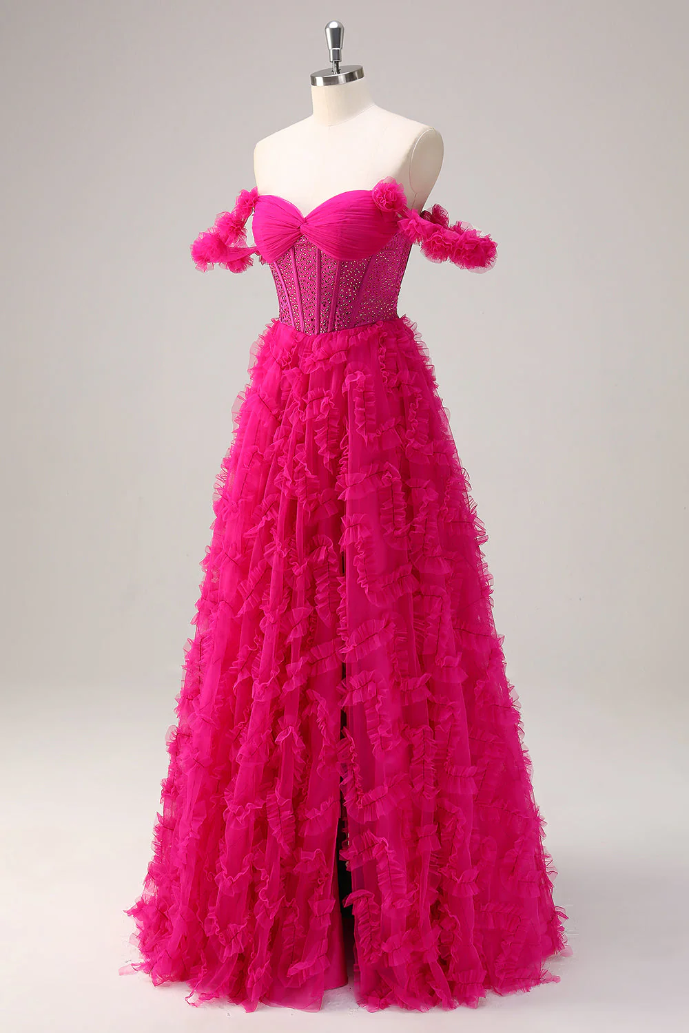 Robe de bal corset longue à épaules dénudées à plusieurs niveaux fuchsia avec perles - Image 4