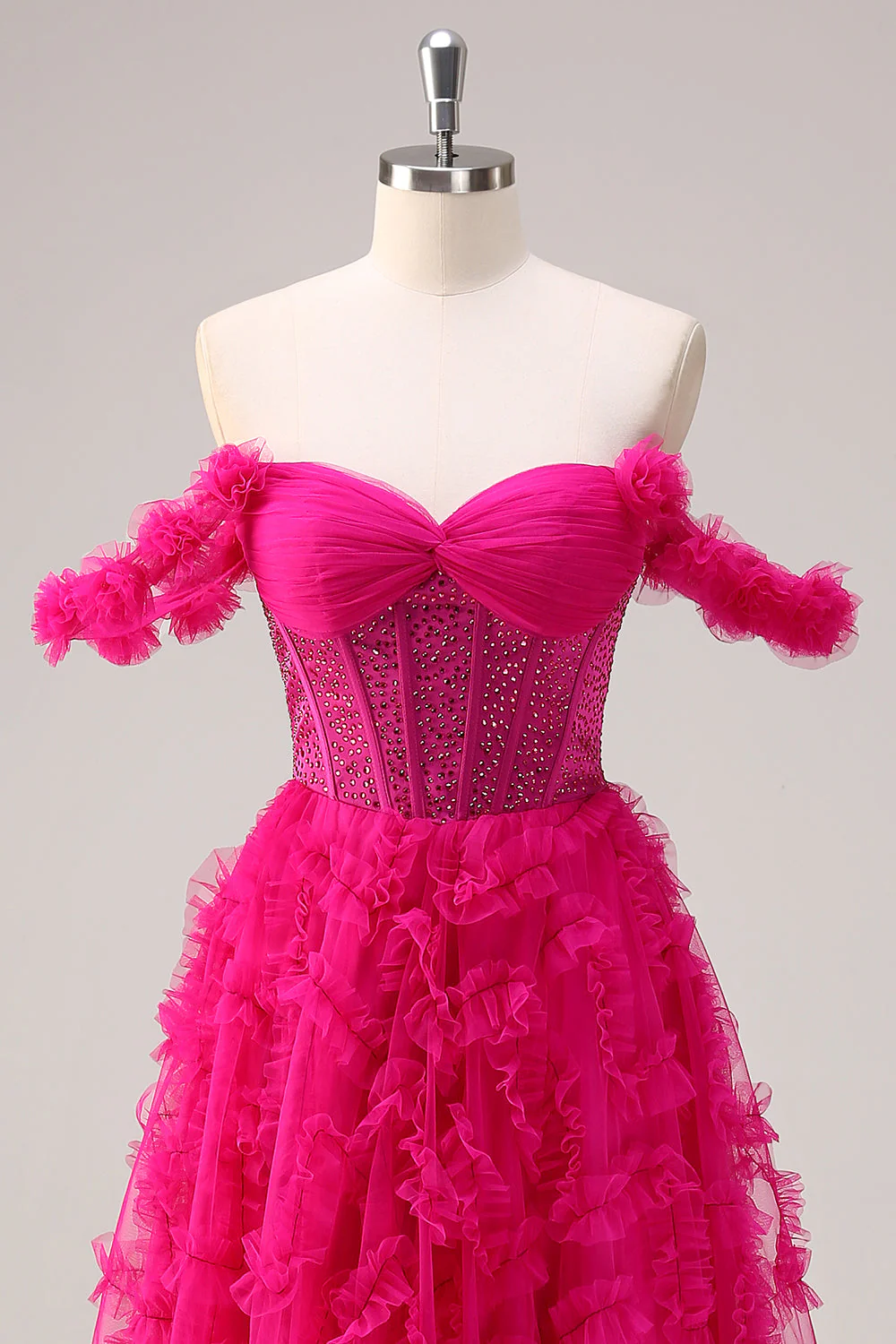 Robe de bal corset longue à épaules dénudées à plusieurs niveaux fuchsia avec perles - Image 5