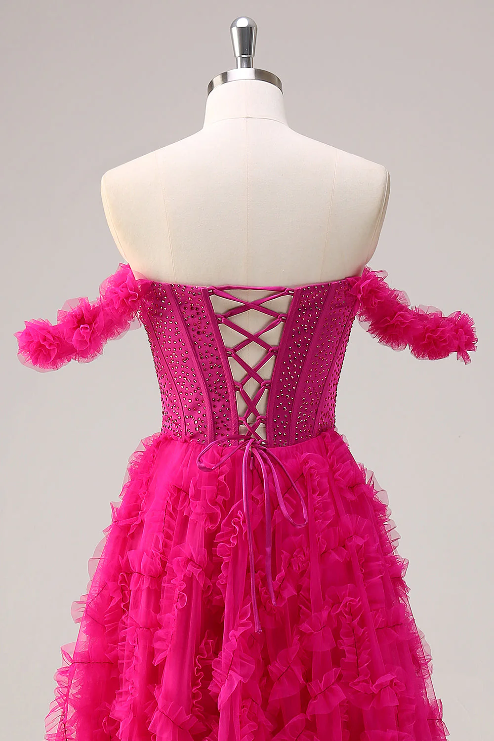 Robe de bal corset longue à épaules dénudées à plusieurs niveaux fuchsia avec perles - Image 6
