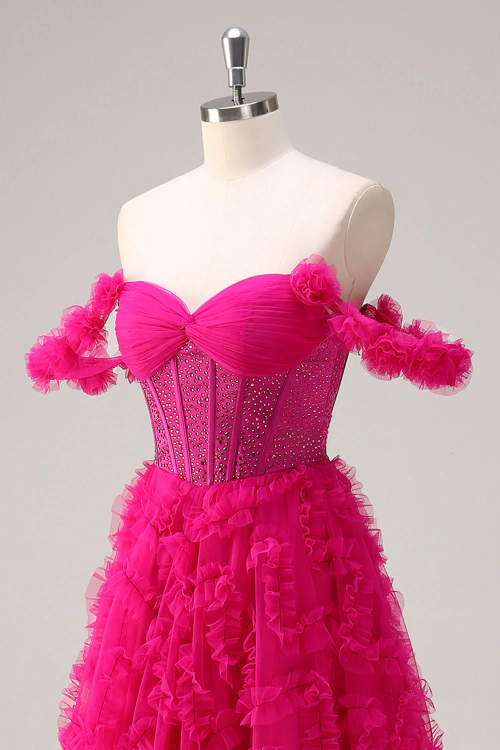 Robe de bal corset longue à épaules dénudées à plusieurs niveaux fuchsia avec perles - Image 7