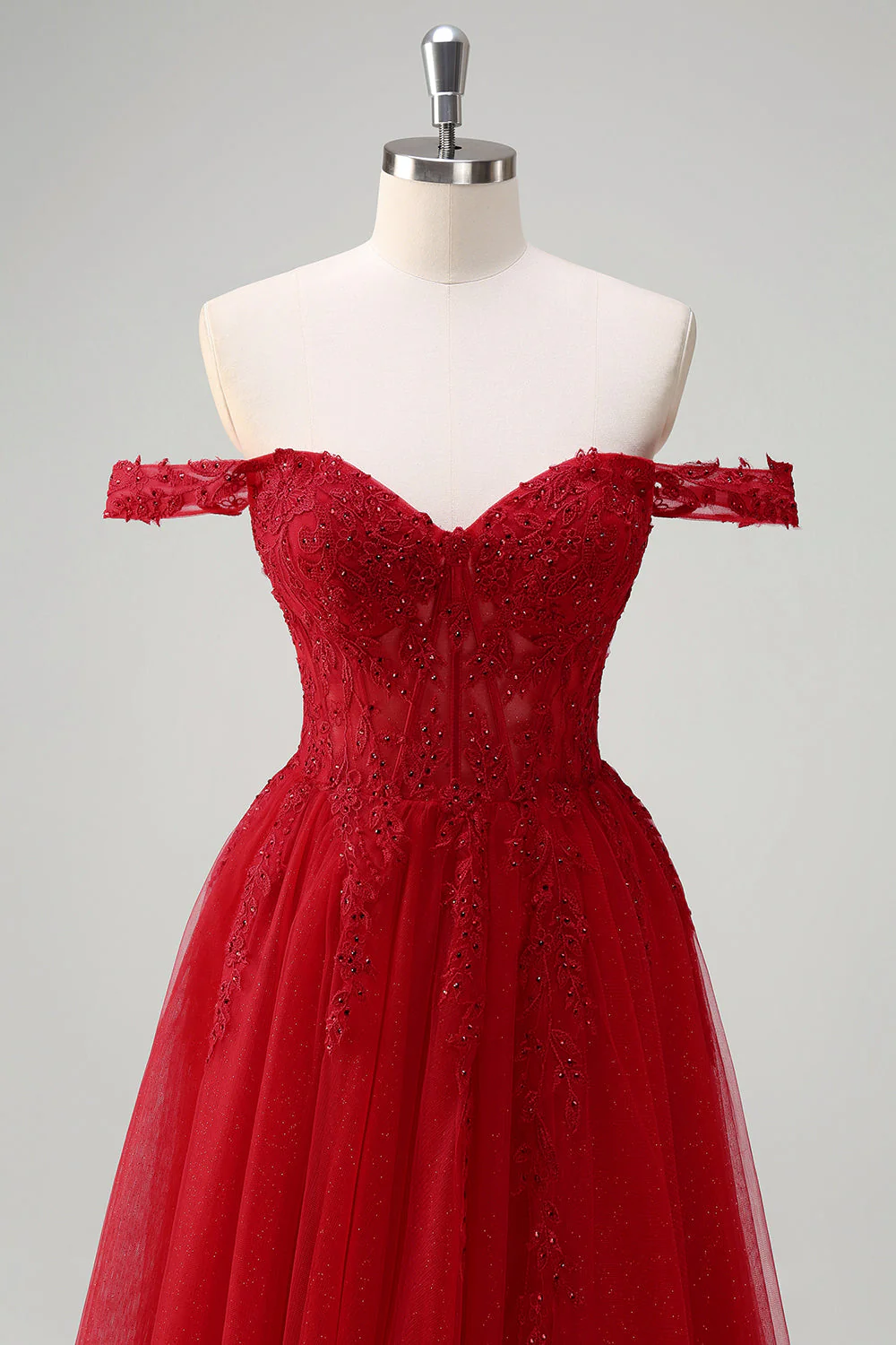 Robe de bal corset longue corset corset rouge en tulle A-line avec fente - Image 4