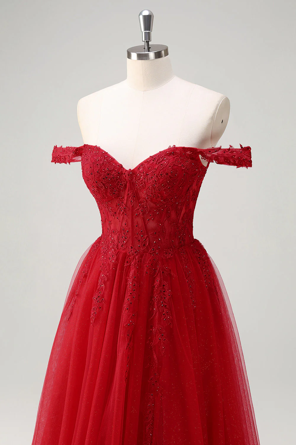Robe de bal corset longue corset corset rouge en tulle A-line avec fente - Image 6