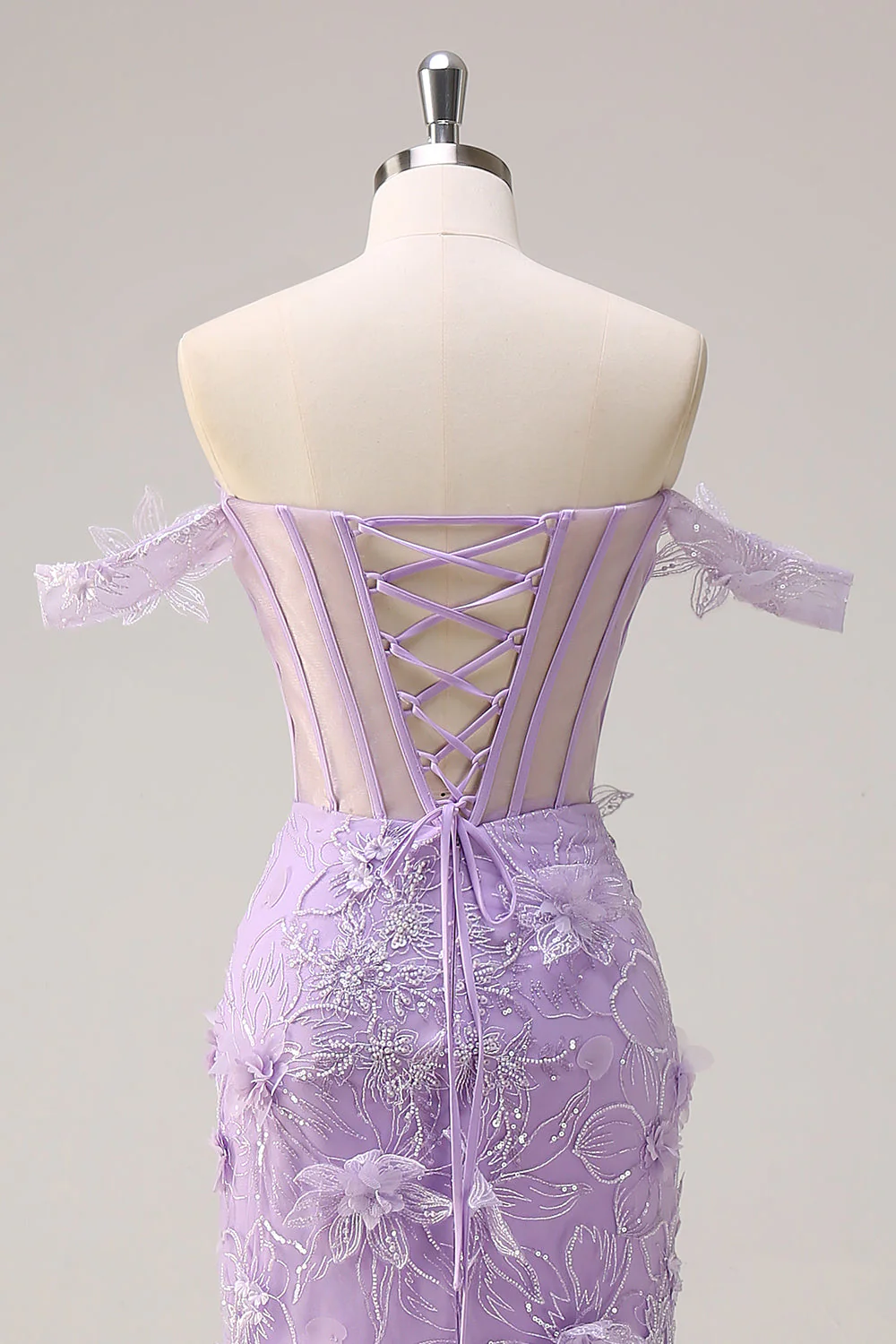 Robe de soirée corset longue sirène lilas à épaules dénudées avec fente d’appliques 3D - Image 5