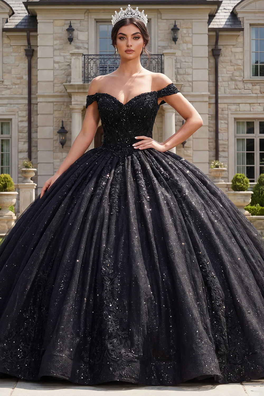 Robe de bal corset noir à épaules décollées robe Quinceañera