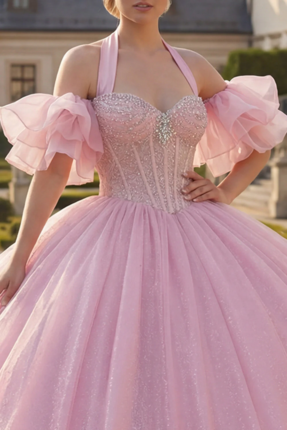 Robe de bal corset perlé à col nu rose avec manches bouffantes - Image 3