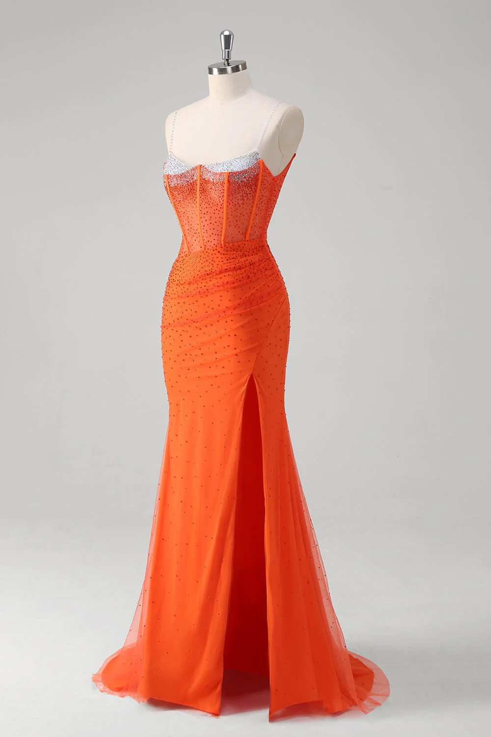 Robe de bal corset perlée à bretelles spaghetti orange - Image 3
