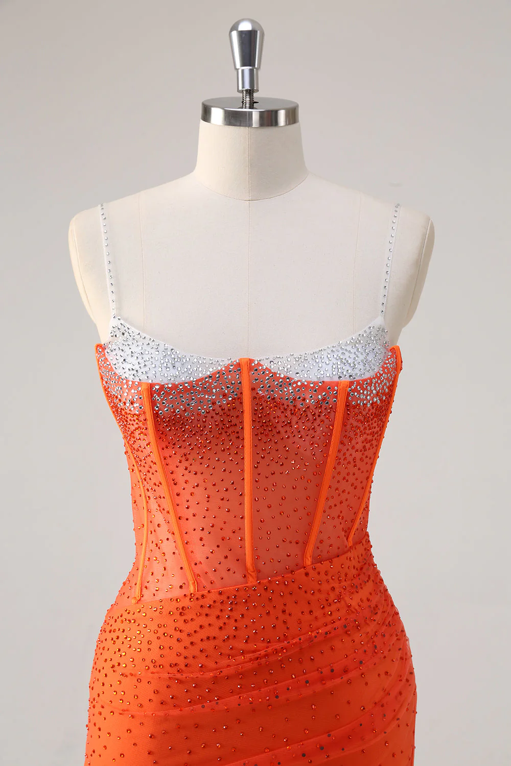 Robe de bal corset perlée à bretelles spaghetti orange - Image 4
