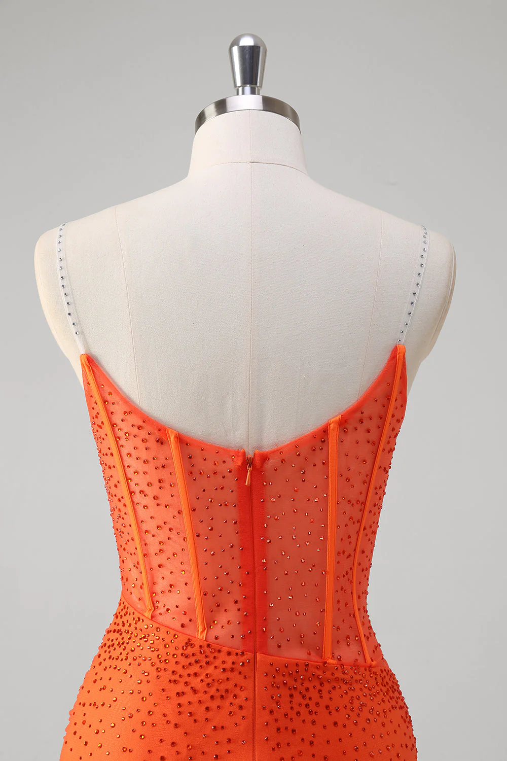 Robe de bal corset perlée à bretelles spaghetti orange - Image 5