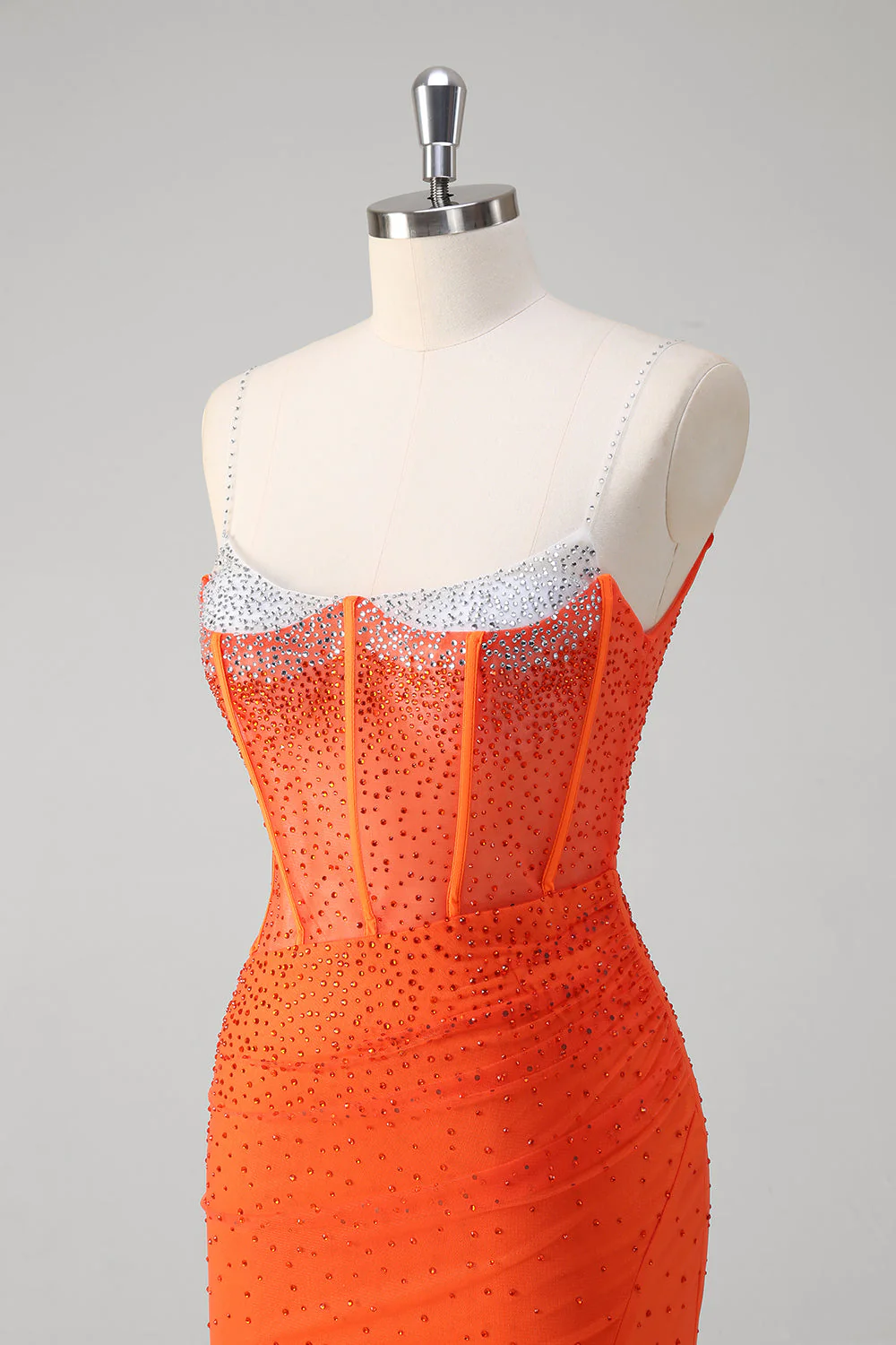 Robe de bal corset perlée à bretelles spaghetti orange - Image 6