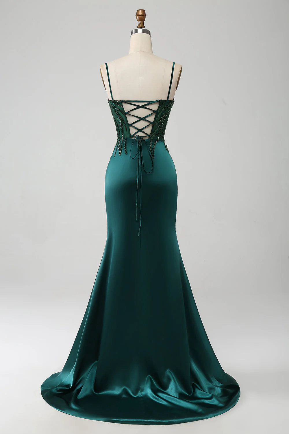 Robe de bal Corset plissée à paillettes sirène vert foncé scintillant avec fente - Image 2