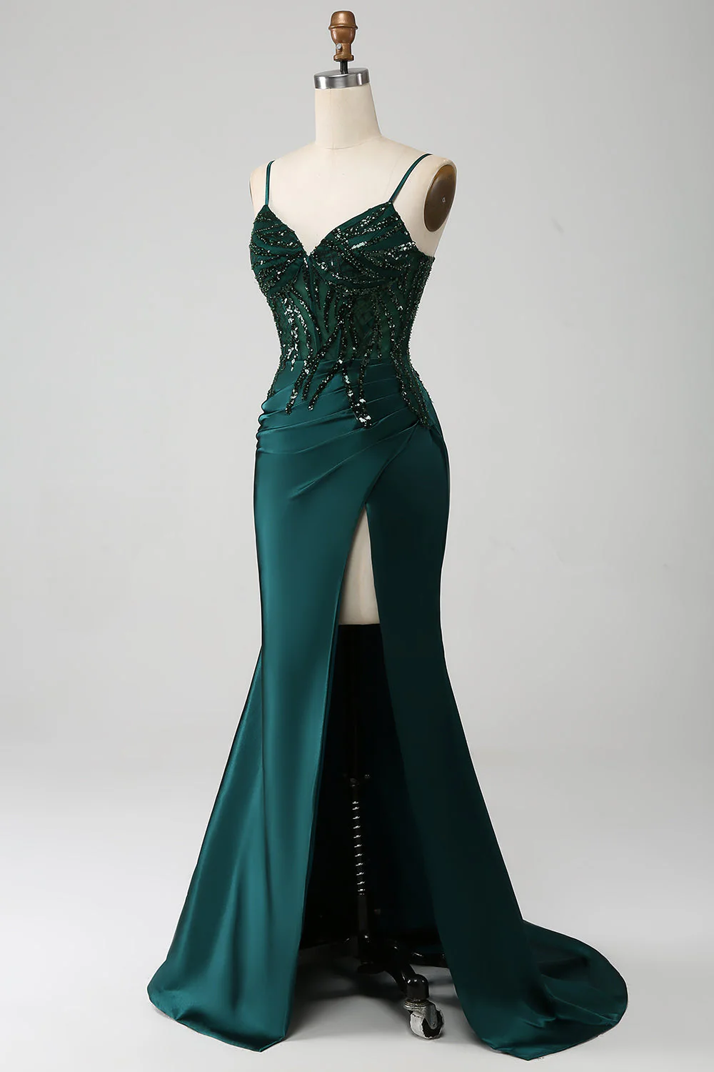 Robe de bal Corset plissée à paillettes sirène vert foncé scintillant avec fente - Image 3