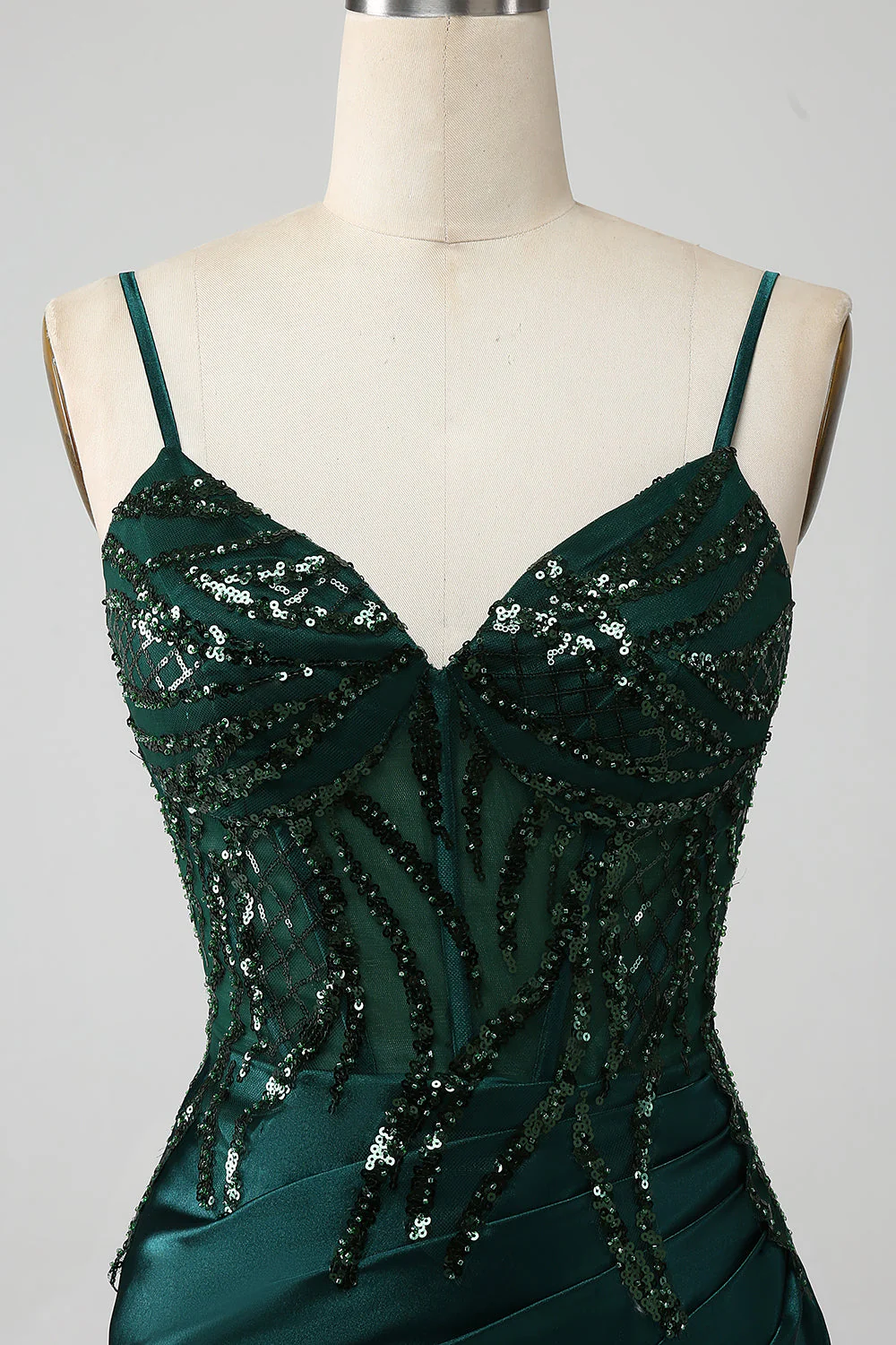 Robe de bal Corset plissée à paillettes sirène vert foncé scintillant avec fente - Image 4