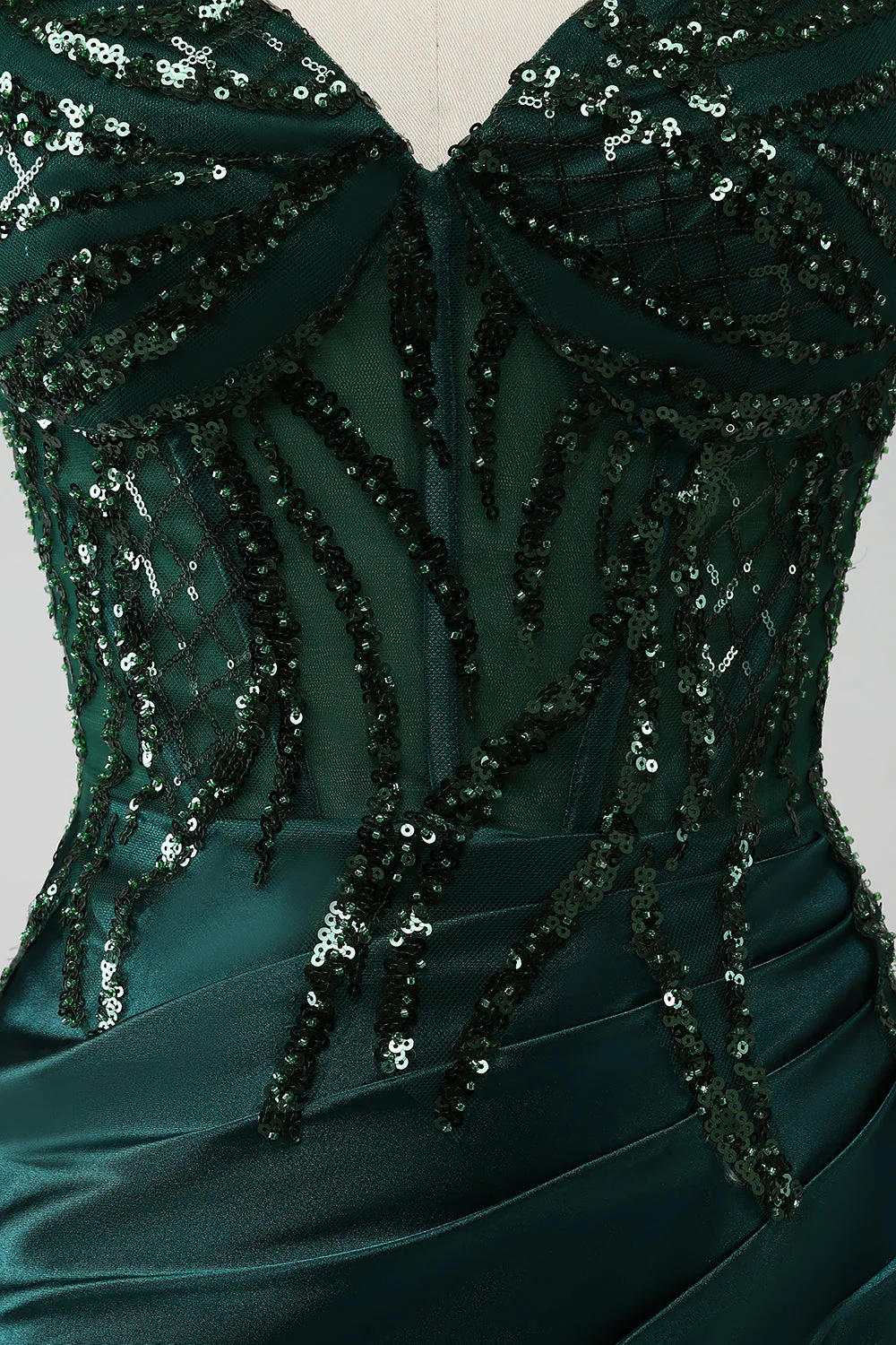 Robe de bal Corset plissée à paillettes sirène vert foncé scintillant avec fente - Image 5