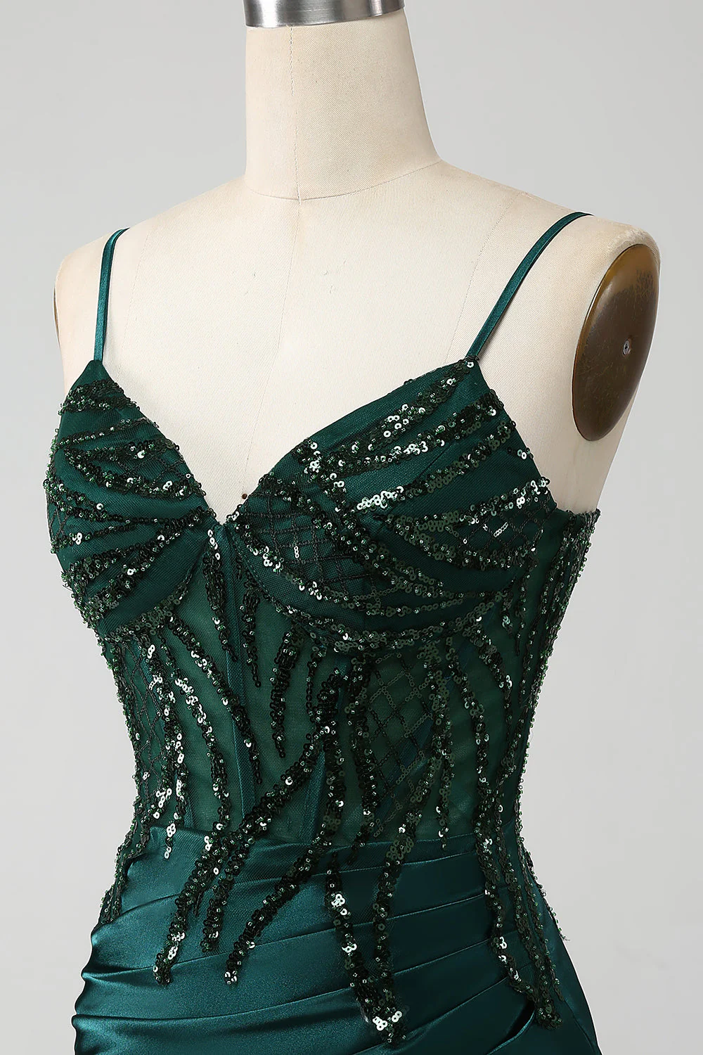 Robe de bal Corset plissée à paillettes sirène vert foncé scintillant avec fente - Image 6