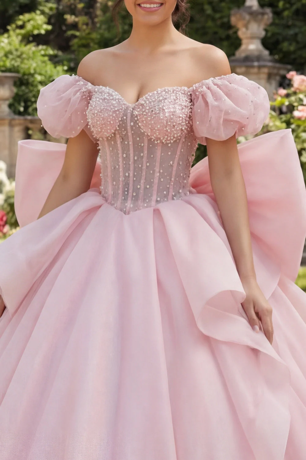 Robe de bal Corset rose perlé décollant sur les épaules, robe quinceañera avec un grand nœud - Image 3