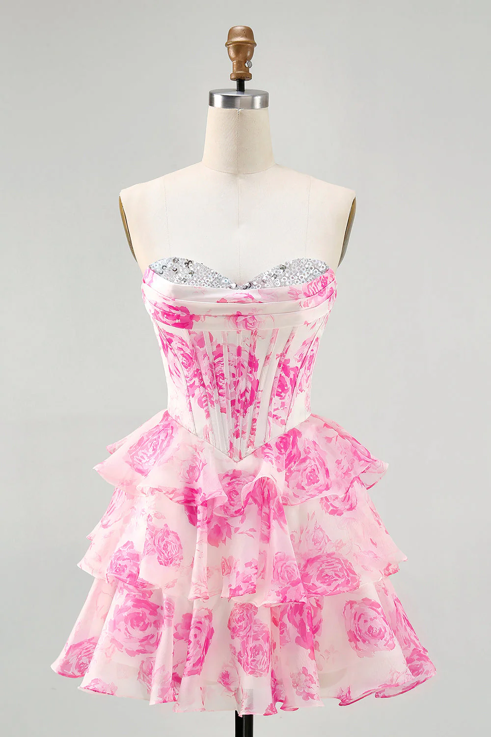 Robe de cocktail corset sans bretelles florale rose avec paillettes - Image 7