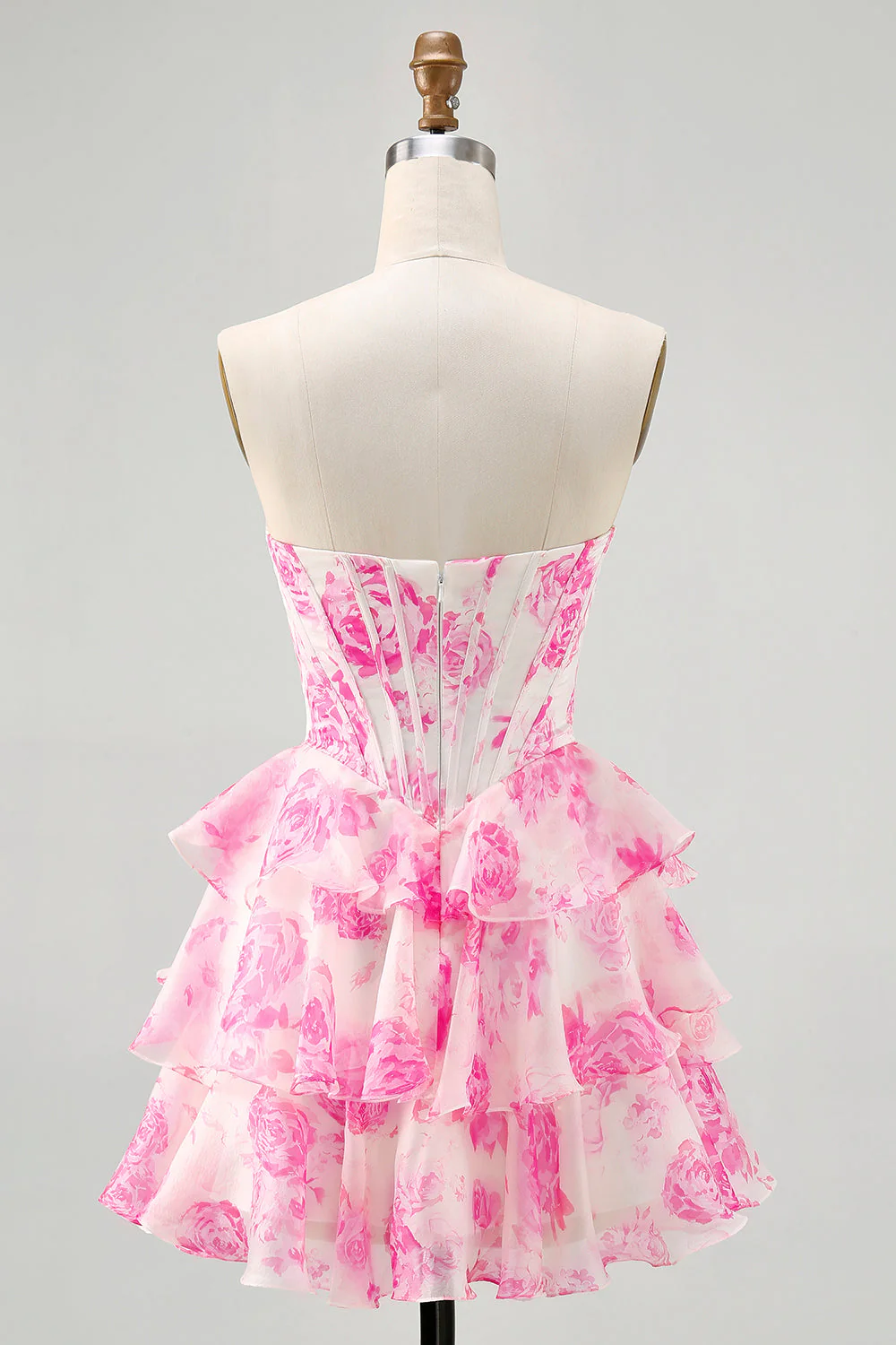 Robe de cocktail corset sans bretelles florale rose avec paillettes - Image 8