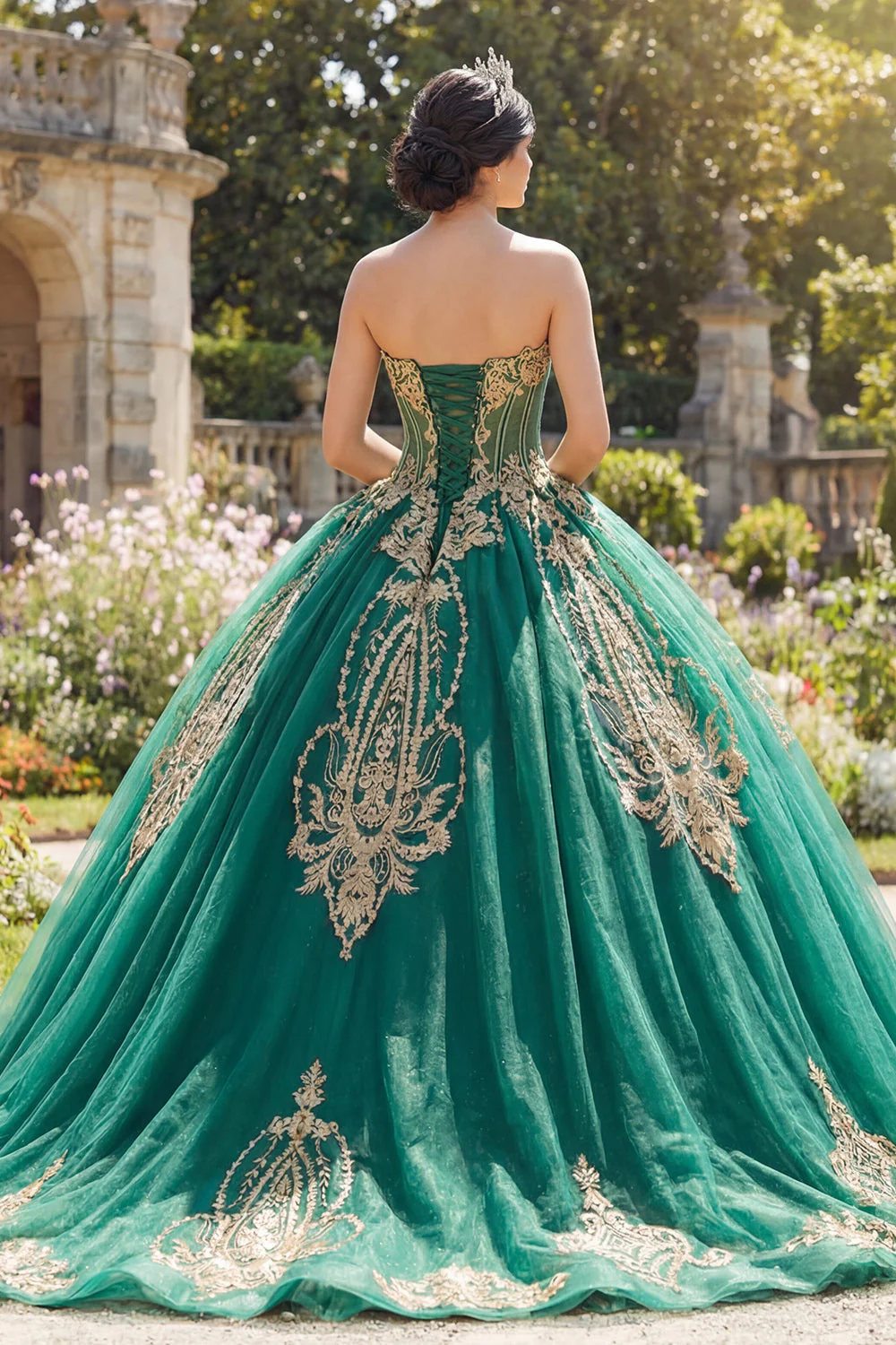 Robe de bal Corset sans bretelles vert appliquée robe quinceañera - Image 2