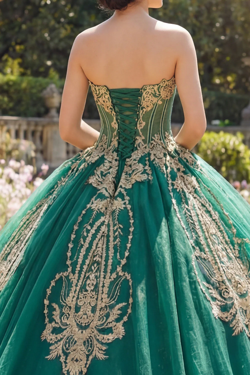 Robe de bal Corset sans bretelles vert appliquée robe quinceañera - Image 4