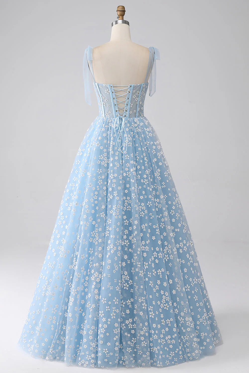 Robe de Soirée trapèze à bretelles spaghetti bleu ciel - Image 2